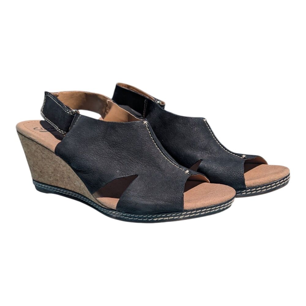 CLARKS Women's Black Nubuck Leather Helio Float Cork Wedge Sandals Size 9.5 Boho